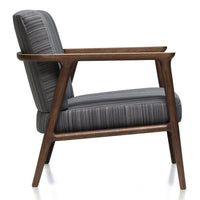 Mid-century modern chair featuring gray striped upholstery and a walnut wood frame. Perfect blend of color and texture.